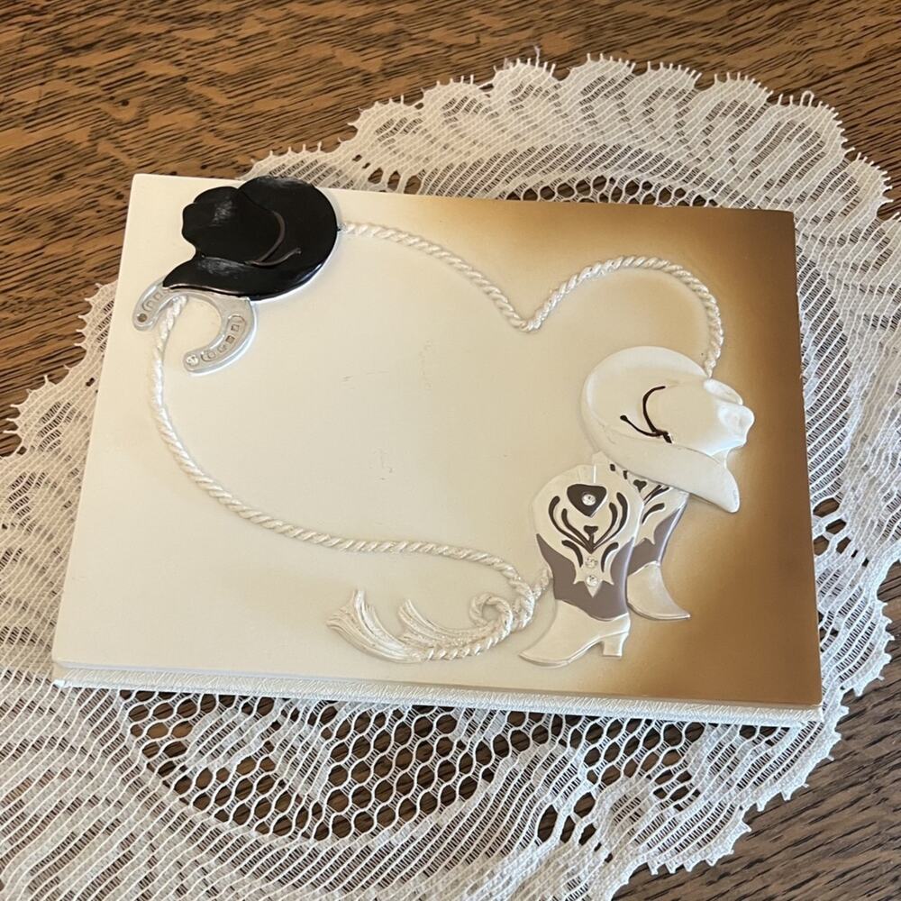 Western Cowboy Wedding Guest Book White Hat Boots Horseshoe Rope 3D Design